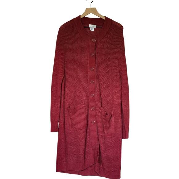 CW Classics Women's XL Long Cardigan Duster Sweater Red acrylic Button Down - Picture 1 of 6